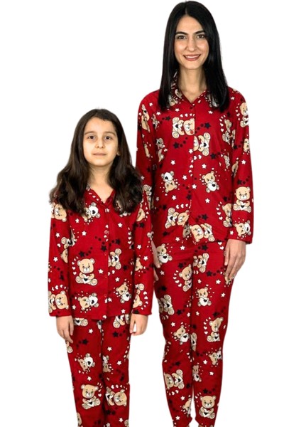 Anne Kız Kombin Önden Düğmeli Bebe Yaka %100 Pamuk Teddy Ayıcık Desenli Pijama Takımı (Kırmızı)