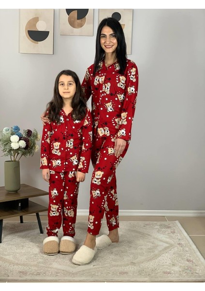 Anne Kız Kombin Önden Düğmeli Bebe Yaka %100 Pamuk Teddy Ayıcık Desenli Pijama Takımı (Kırmızı) modelleri