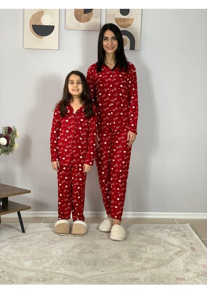 Anne Kız Kombin Önden Düğmeli Bebe Yaka %100 Pamuk Love Desenli Pijama Takımı (Kırmızı) fiyatları