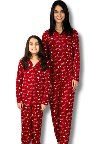 Anne Kız Kombin Önden Düğmeli Bebe Yaka %100 Pamuk Love Desenli Pijama Takımı (Kırmızı)