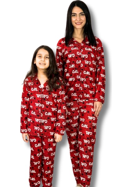 Anne Kız Kombin Önden Düğmeli Bebe Yaka %100 Pamuk Girl Desenli Pijama Takımı (Kırmızı)
