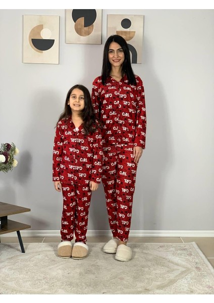 Anne Kız Kombin Önden Düğmeli Bebe Yaka %100 Pamuk Girl Desenli Pijama Takımı (Kırmızı) fiyatları