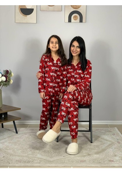 Anne Kız Kombin Önden Düğmeli Bebe Yaka %100 Pamuk Girl Desenli Pijama Takımı (Kırmızı) modelleri