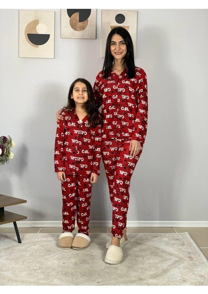 Anne Kız Kombin Önden Düğmeli Bebe Yaka %100 Pamuk Girl Desenli Pijama Takımı (Kırmızı) fırsatları