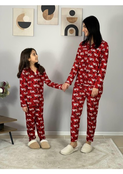 Anne Kız Kombin Önden Düğmeli Bebe Yaka %100 Pamuk Girl Desenli Pijama Takımı (Kırmızı) indirimleri