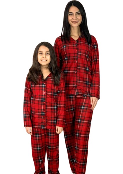 Anne Kız Kombin Önden Düğmeli Bebe Yaka %100 Pamuk Ekose Desenli Pijama Takımı (Kırmızı)
