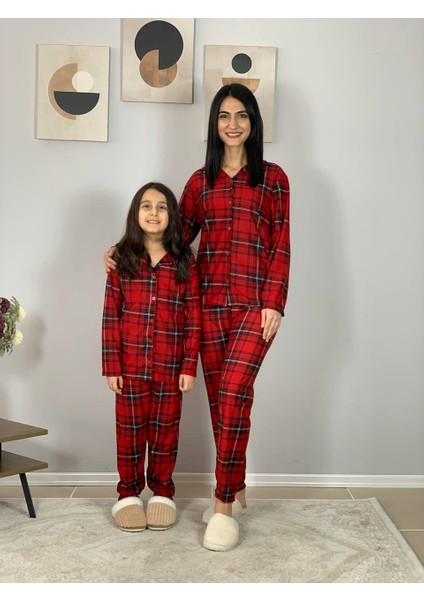 Anne Kız Kombin Önden Düğmeli Bebe Yaka %100 Pamuk Ekose Desenli Pijama Takımı (Kırmızı) modelleri