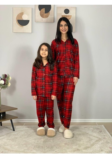 Anne Kız Kombin Önden Düğmeli Bebe Yaka %100 Pamuk Ekose Desenli Pijama Takımı (Kırmızı) indirimleri