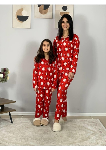 Anne Kız Kombin Önden Düğmeli Bebe Yaka %100 Pamuk Kitty Kedicik Desenli Pijama Takımı (Kırmızı) modelleri