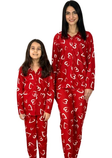 Anne Kız Kombin Önden Düğmeli Bebe Yaka %100 Pamuk Kalp Desenli Pijama Takımı (Kırmızı)