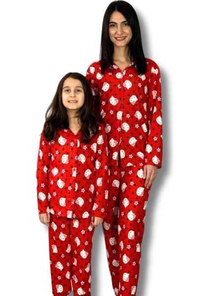 Anne Kız Kombin Önden Düğmeli Bebe Yaka %100 Pamuk Kitty Kedicik Desenli Pijama Takımı (Kırmızı)