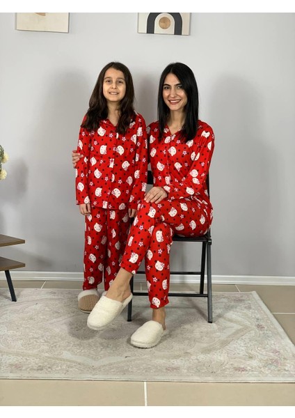 Anne Kız Kombin Önden Düğmeli Bebe Yaka %100 Pamuk Kitty Kedicik Desenli Pijama Takımı (Kırmızı) fiyatları