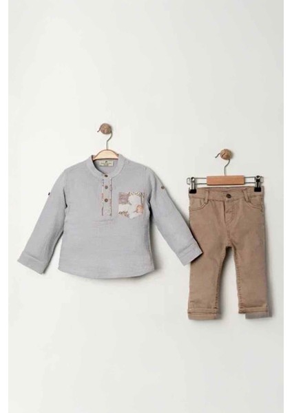 Miniğimin Cicileri Müslin Cepli Erkek Çocuk 2 li takım - Gri