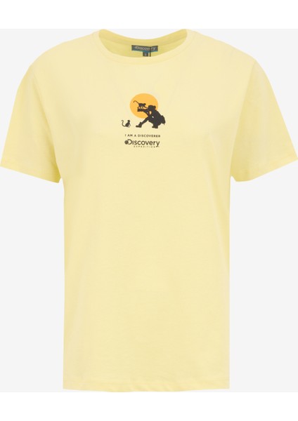 D5SL-TST3521 Sarı Bisiklet Yaka Relaxed Baskılı Kadın T-Shirt