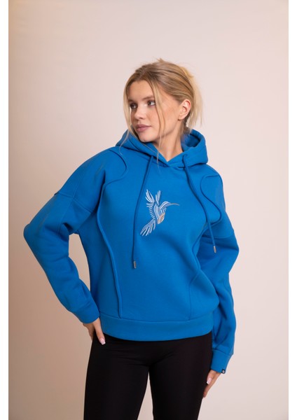 Muse Kadın Sax Mavi Oversize Kapüşonlu Sweatshirt - Nakış Detaylı, Rahat Kesim, Günlük ve Spor Kombinlere Uygun indirimleri