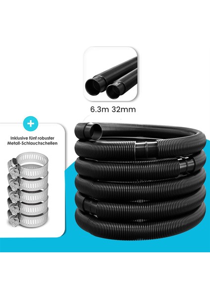 6.3m Yüzme Havuzu Hortum Çapı 32 mm Hortum Kelepçesi Ile, Yüzme Yedek Boru Havuz Temizleyici Aracı, Siyah (Yurt Dışından)