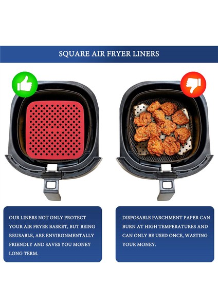 Tekrar Kullanılabilir Fritöz Kaplamaları, Yapışmaz Yüzey, Hava Sirkülasyon Delikleri, Birinci Sınıf Kalite, 3 Kaplama Seti 9x9 Inç, Kırmızı (Yurt Dışından) modelleri