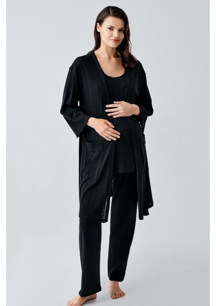 Kalın Askılı Ajurlu Esnek Pamuklu Hamile Sabahlık Pijama Takım 17308