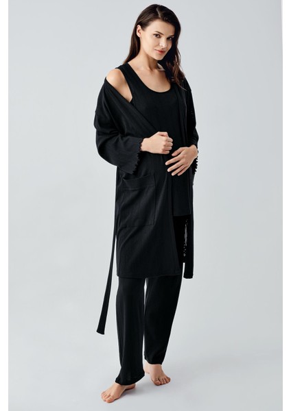 Kalın Askılı Ajurlu Esnek Pamuklu Hamile Sabahlık Pijama Takım 17308 fırsatları