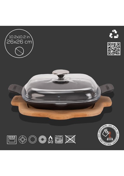 Döküm Kızartma Tavası Cam Kapak Kayın Servis Ahşabı Döküm Demir Yekpare Çift Kulplu Ölçü 26x26cm. fiyatları