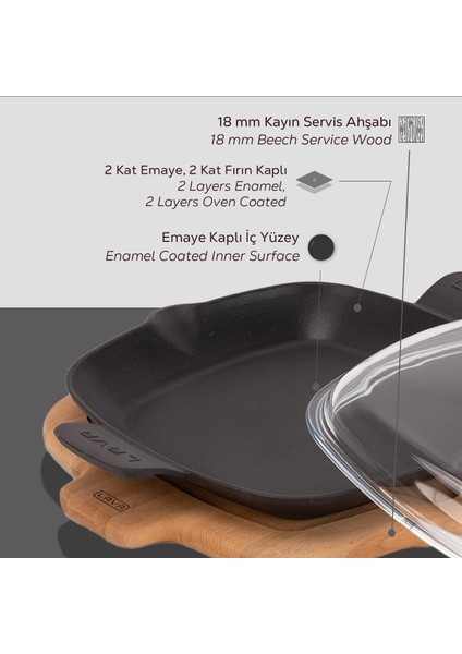 Döküm Kızartma Tavası Cam Kapak Kayın Servis Ahşabı Döküm Demir Yekpare Çift Kulplu Ölçü 26x26cm. fırsatları