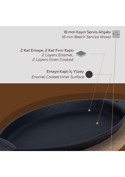Döküm Balık Tabağı Döküm Demir Yekpare Kulplu Kayın Servis Ahşabı Ölçü 15x24cm.