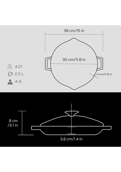Döküm Yuvarlak Kızartma Tavası Cam Kapaklı Döküm Demir Yekpare Çift Kulplu Çap(Ø)30cm.