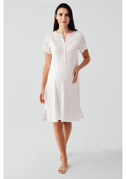 Düğmeli Vual Detaylı Kısa Kollu Esnek Viskoz Hamile Gecelik 17103