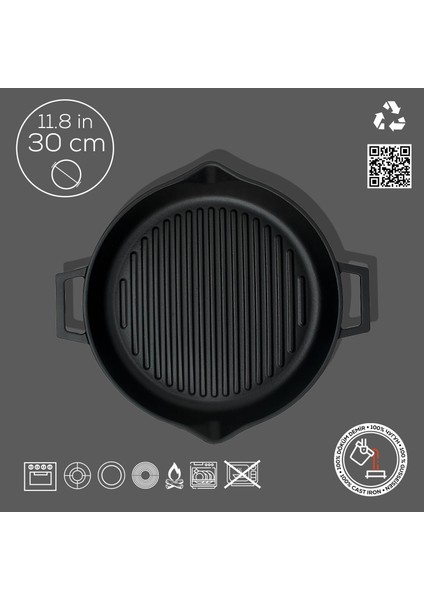 Döküm Yuvarlak Izgara Tavası Döküm Demir Yekpare Çift Kulplu Konkav Taban 15mm. Çap(Ø)30cm.