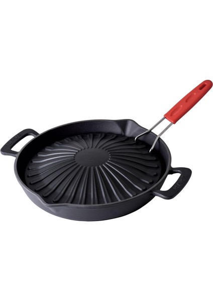 Döküm Yuvarlak Grill Izgara Tavası Genghis Khan Serisi Çift Kulp ve Silikon Tel Saplı Çap(Ø)32cm.