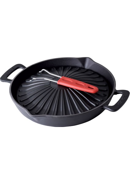 Döküm Yuvarlak Grill Izgara Tavası Genghis Khan Serisi Çift Kulp ve Silikon Tel Saplı Çap(Ø)32cm.