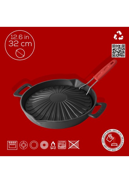 Döküm Yuvarlak Grill Izgara Tavası Genghis Khan Serisi Çift Kulp ve Silikon Tel Saplı Çap(Ø)32cm.