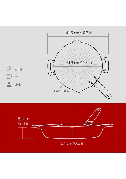 Döküm Yuvarlak Grill Izgara Tavası Genghis Khan Serisi Çift Kulp ve Silikon Tel Saplı Çap(Ø)32cm.