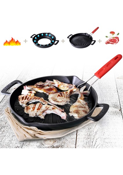 Döküm Yuvarlak Grill Izgara Tavası Genghis Khan Serisi Çift Kulp ve Silikon Tel Saplı Çap(Ø)32cm.