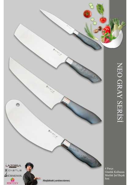 Neo Gray Serisi Mutfak Bıçak Seti Et Ekmek Sebze Salata Şef Bıçağı 4 Lü Set ( MFT-784)