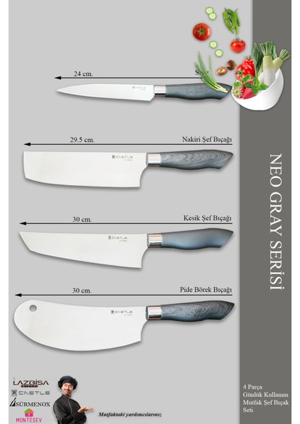 Neo Gray Serisi Mutfak Bıçak Seti Et Ekmek Sebze Salata Şef Bıçağı 4 Lü Set ( MFT-784)