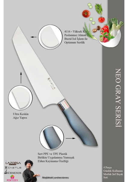 Neo Gray Serisi Mutfak Bıçak Seti Et Ekmek Sebze Salata Şef Bıçağı 4 Lü Set ( MFT-784)