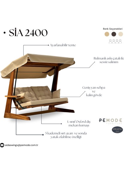 Sia 2400 Iroko Dört Kişilik Ahşap Bahçe Salıncağı Antrasit