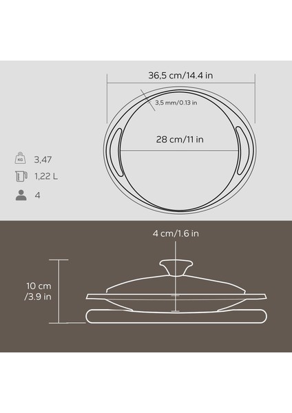 Döküm Yuvarlak Saç Kavurma Tavası Döküm Demir Yekpare Çift Kulplu Cam Kapaklı Kayın Servis Ahşabı Çap(Ø)28cm.