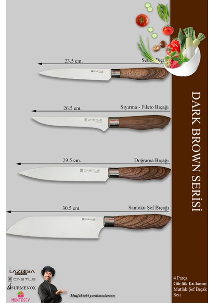 Dark Brown Serisi Mutfak Bıçak Seti Et Ekmek Sebze Şef Bıçağı 4 Lü Set ( MFT-412)
