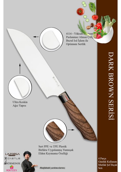 Dark Brown Serisi Mutfak Bıçak Seti Et Ekmek Sebze Şef Bıçağı 4 Lü Set ( MFT-412)