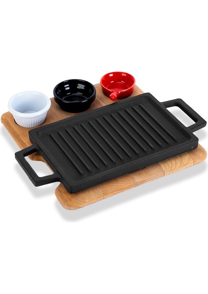 Döküm Dikdörtgen Çift Yön Izgara ve Düz Yüzey Hot Plate Kayın Servis Ahşabı Ölçü 22x15cm. (Sos kapları dahil değildir.)