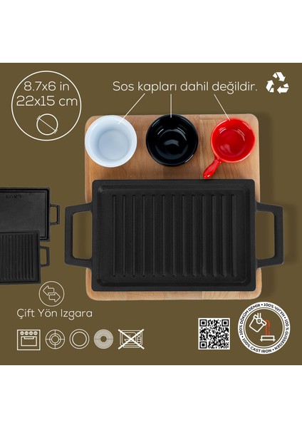 Döküm Dikdörtgen Çift Yön Izgara ve Düz Yüzey Hot Plate Kayın Servis Ahşabı Ölçü 22x15cm. (Sos kapları dahil değildir.) modelleri