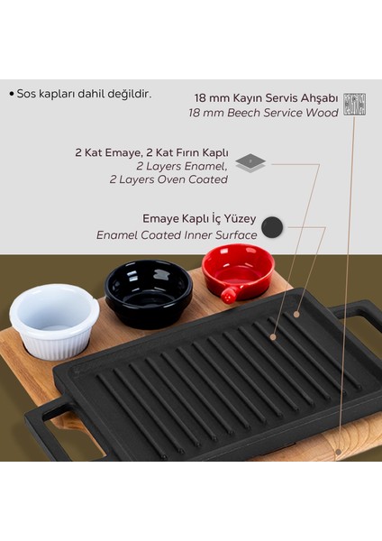 Döküm Dikdörtgen Çift Yön Izgara ve Düz Yüzey Hot Plate Kayın Servis Ahşabı Ölçü 22x15cm. (Sos kapları dahil değildir.) indirimleri