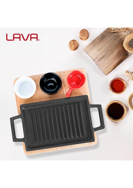 Döküm Dikdörtgen Çift Yön Izgara ve Düz Yüzey Hot Plate Kayın Servis Ahşabı Ölçü 22x15cm. (Sos kapları dahil değildir.)