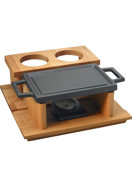 Döküm Dikdörtgen Çift Yön Izgara ve Düz Yüzey Hot Plate Kayın Servis Ahşabı Ölçü 22x15cm. (Iısıtıcı dahil değildir)