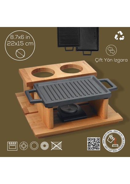Döküm Dikdörtgen Çift Yön Izgara ve Düz Yüzey Hot Plate Kayın Servis Ahşabı Ölçü 22x15cm. (Iısıtıcı dahil değildir) modelleri