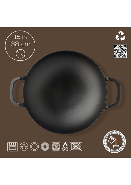Döküm Yuvarlak Wok Döküm Demir Yekpare Çift Kulplu Çap(Ø)38cm.