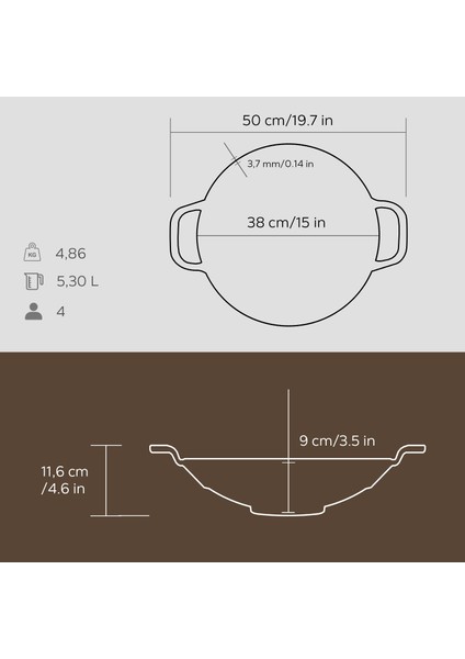 Döküm Yuvarlak Wok Döküm Demir Yekpare Çift Kulplu Çap(Ø)38cm.
