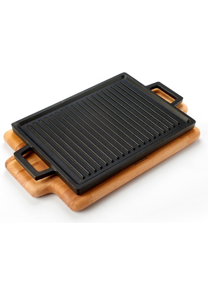 Döküm Dikdörtgen Çift Yön Izgara Hot Plate Döküm Demir Yekpare Çift Kulplu Kayın Servis Ahşabı Ölçü 22x30cm.